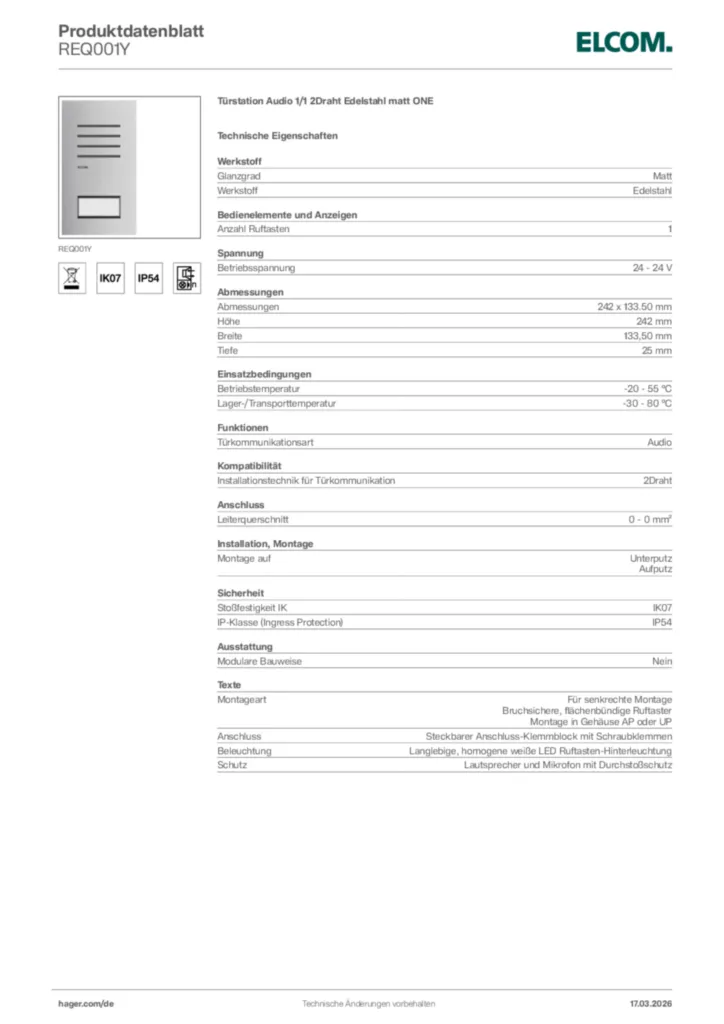 Bild Elcom Produktdatenblatt REQ001Y | Hager Deutschland