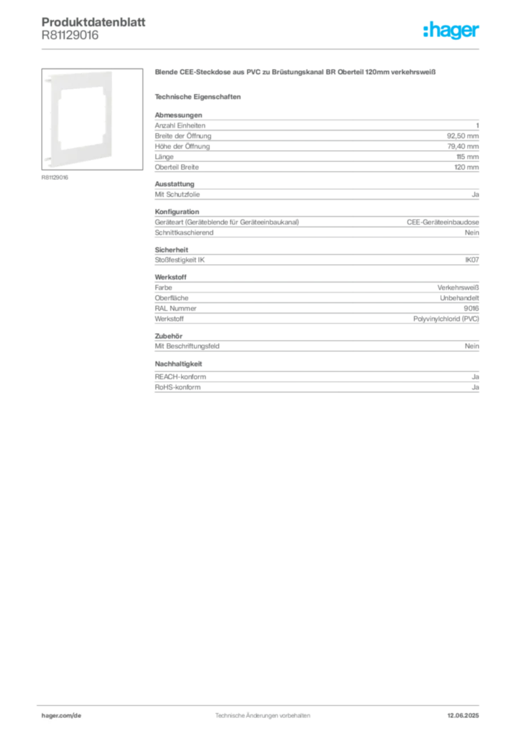 Bild Hager Produktdatenblatt R81129016 | Hager Deutschland