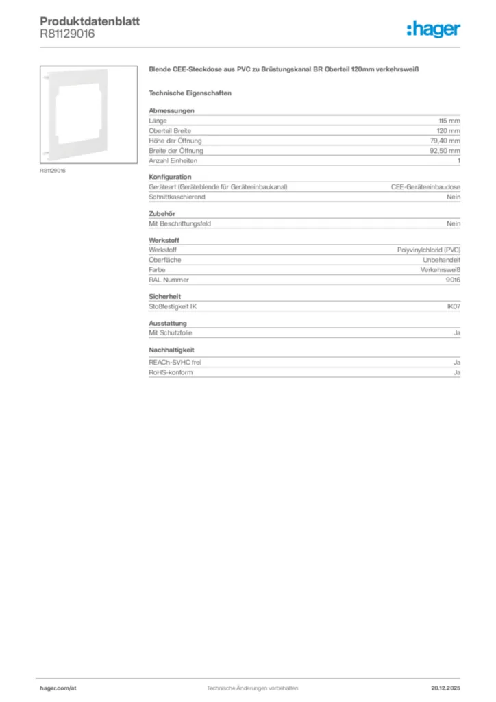 Bild Hager Produktdatenblatt R81129016 | Hager Deutschland