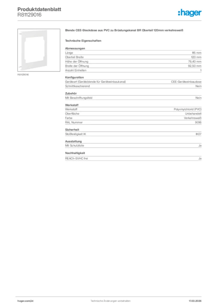 Bild Hager Produktdatenblatt R81129016 | Hager Deutschland