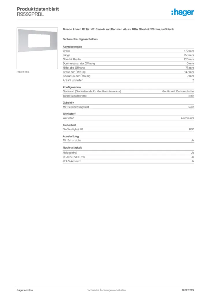 Bild Hager Produktdatenblatt R9592PRBL | Hager Deutschland