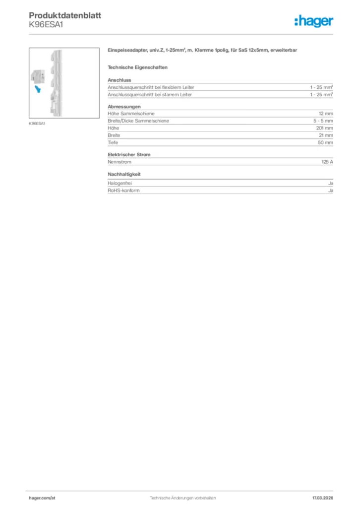 Bild Hager Produktdatenblatt K96ESA1 | Hager Deutschland