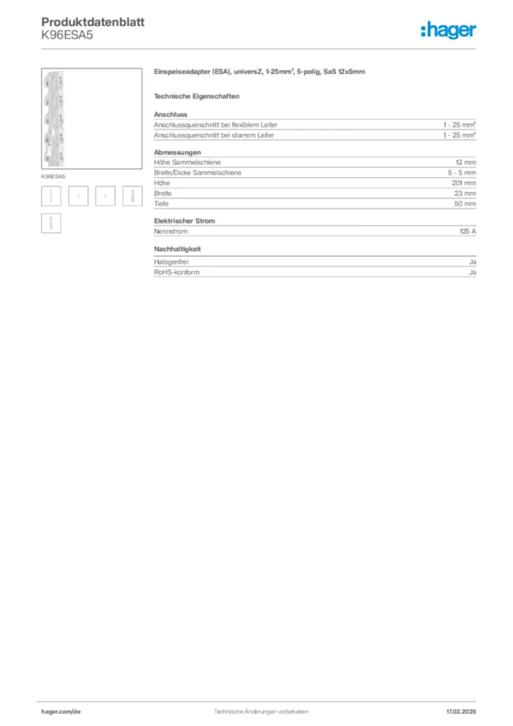 Bild Hager Produktdatenblatt K96ESA5 | Hager Deutschland