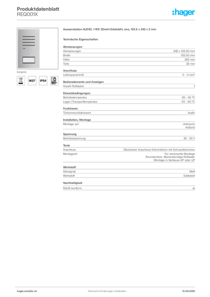Bild Hager Produktdatenblatt REQ001X | Hager Schweiz