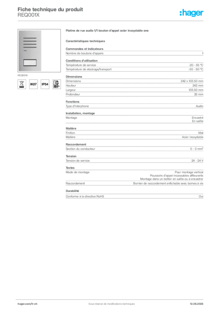 Image Hager Fiche technique du produit REQ001X | Hager Suisse