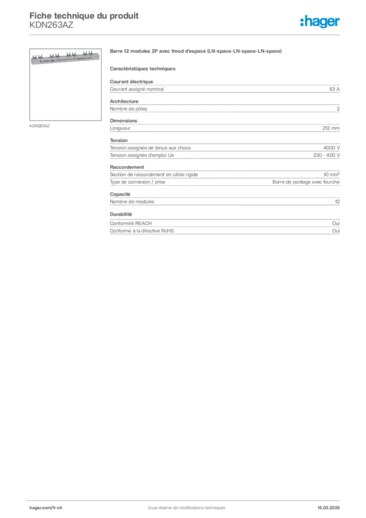 Image Hager Fiche technique du produit KDN263AZ | Hager Suisse