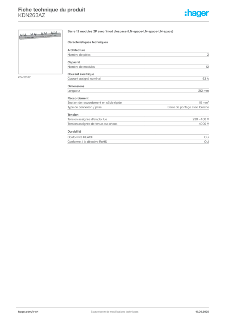 Image Hager Fiche technique du produit KDN263AZ | Hager Suisse