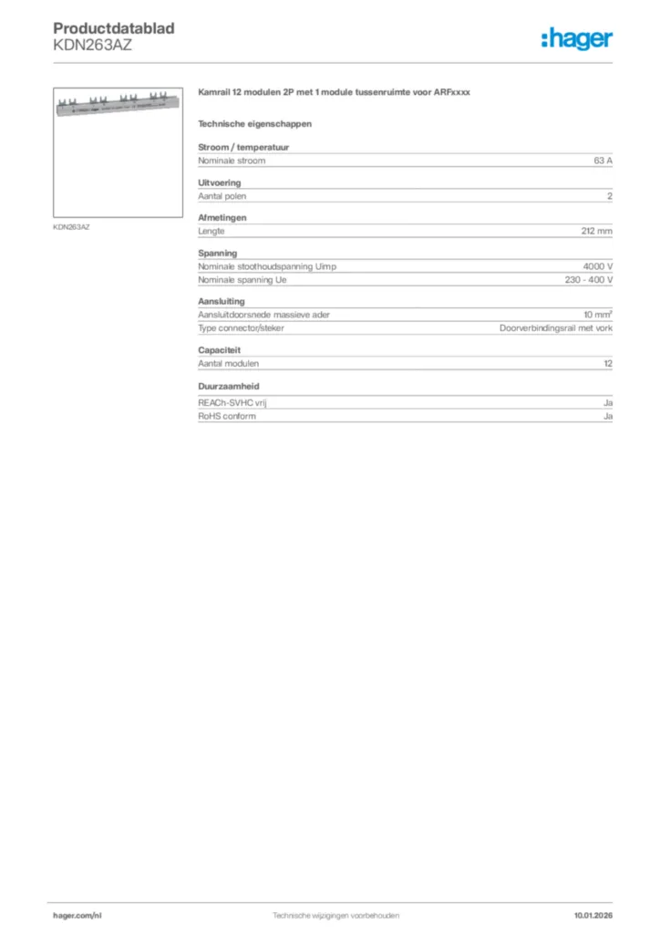 Afbeelding Hager Productdatablad KDN263AZ | Hager Nederland