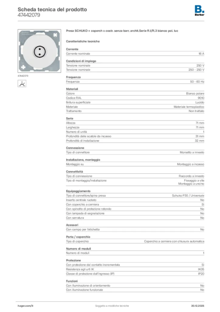 Immagine Berker Scheda tecnica del prodotto 47442079 | Hager Italia