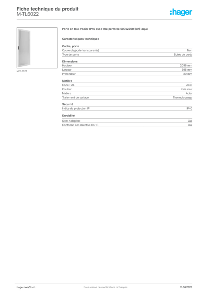 Image Hager Fiche technique du produit M-TL6022 | Hager Suisse