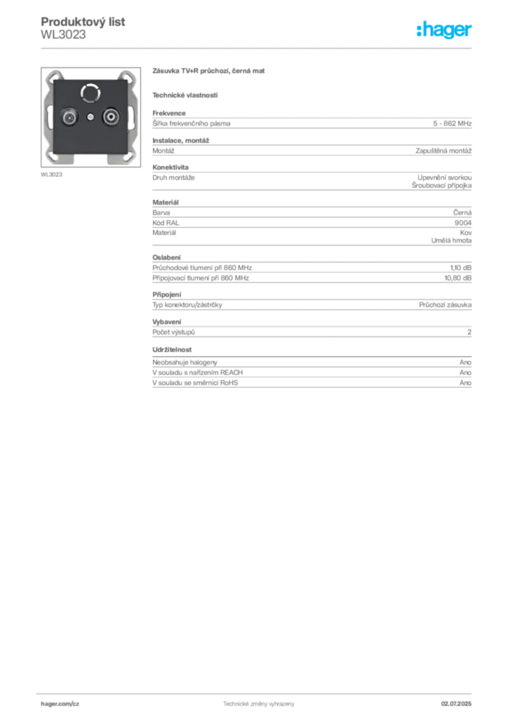 Obrázek Hager Produktový list WL3023 | Hager