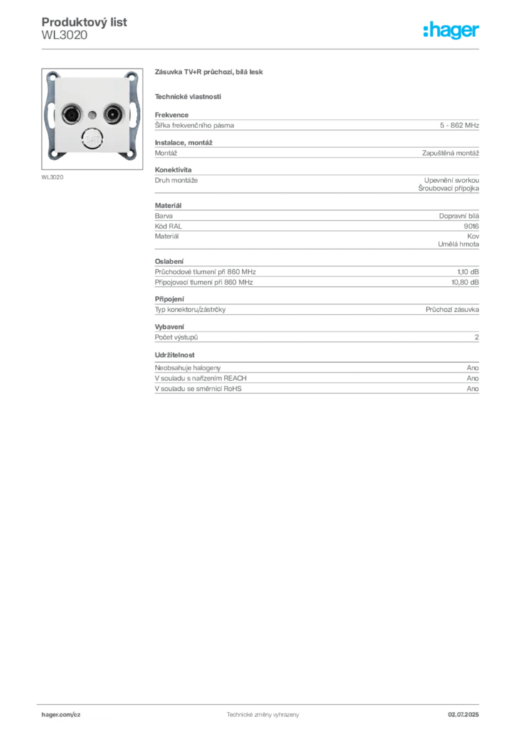 Obrázek Hager Produktový list WL3020 | Hager