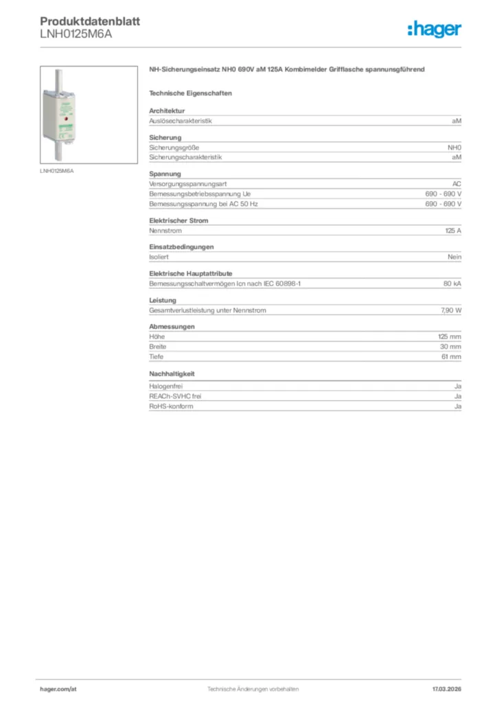 Bild Hager Produktdatenblatt LNH0125M6A | Hager Deutschland