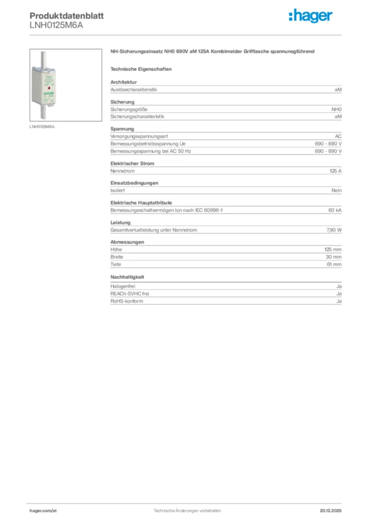 Bild Hager Produktdatenblatt LNH0125M6A | Hager Deutschland