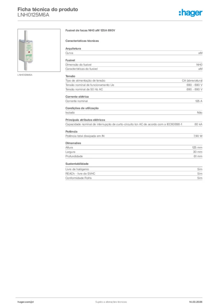 Imagem Hager Ficha técnica do produto LNH0125M6A | Hager Portugal