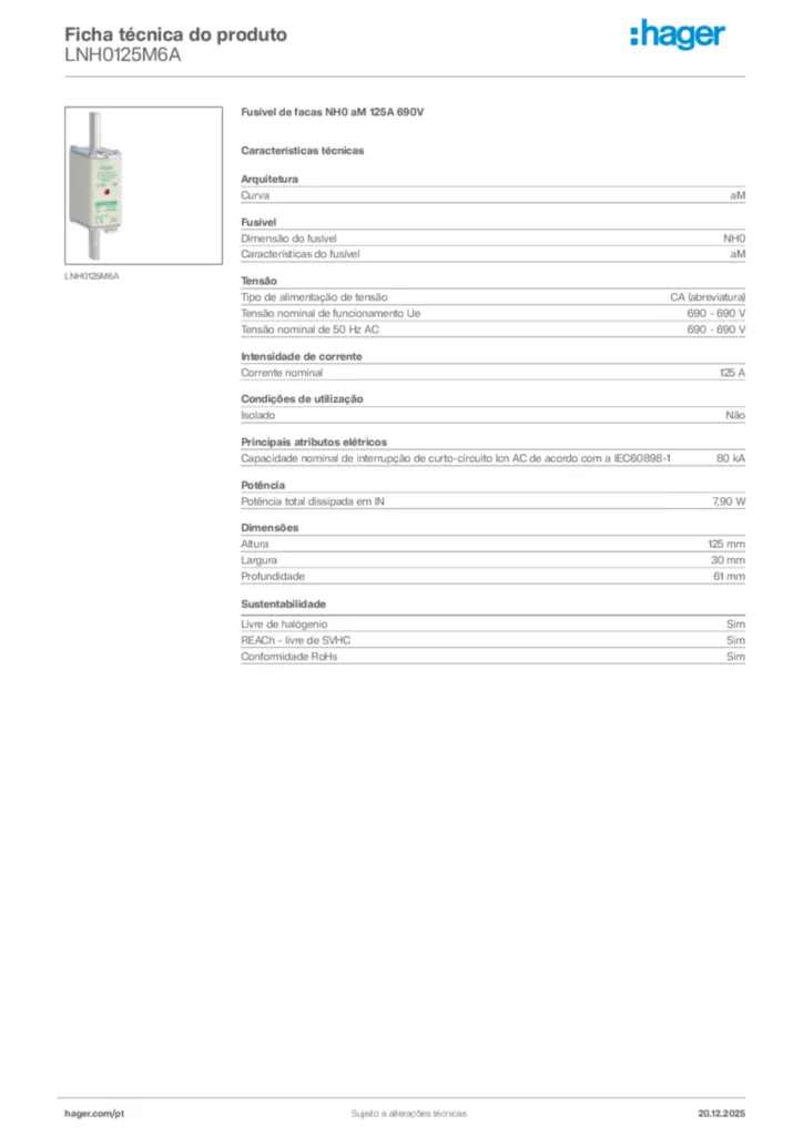 Imagem Hager Ficha técnica do produto LNH0125M6A | Hager Portugal