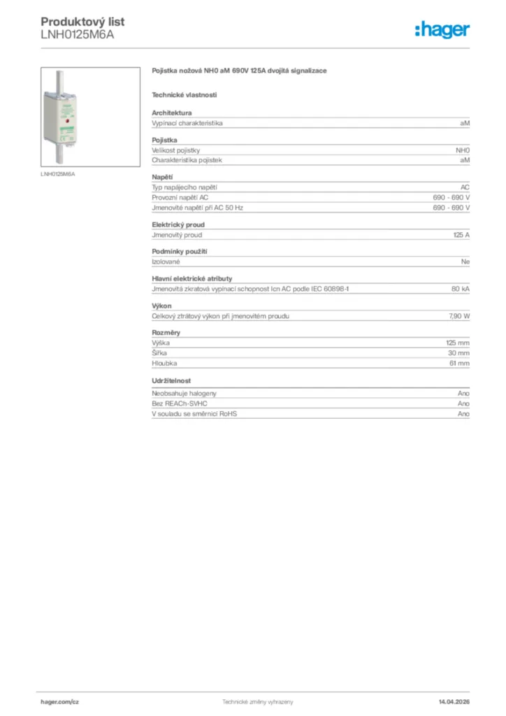 Obrázek Hager Product data sheet LNH0125M6A | Hager