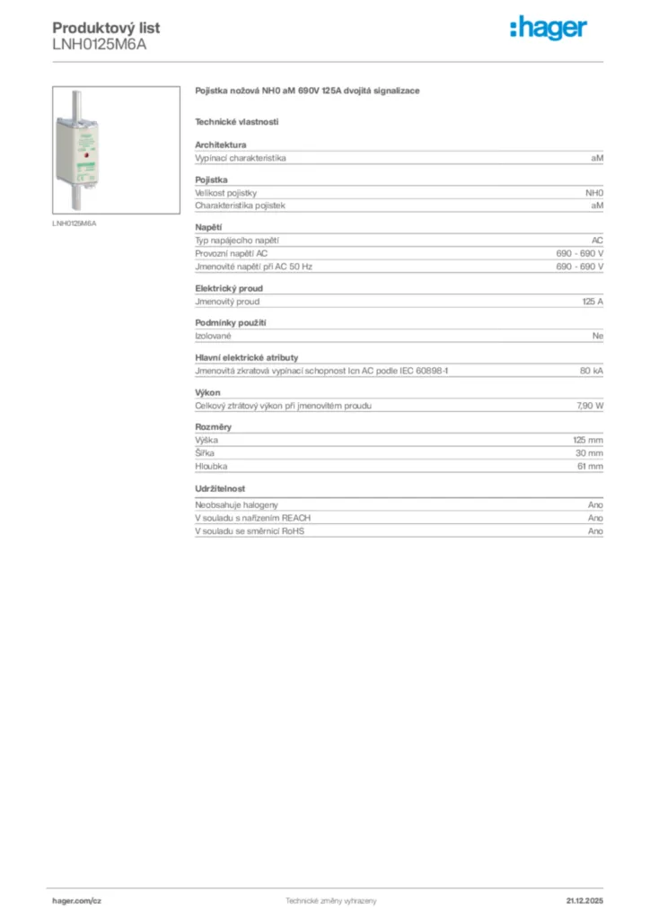 Obrázek Hager Produktový list LNH0125M6A | Hager