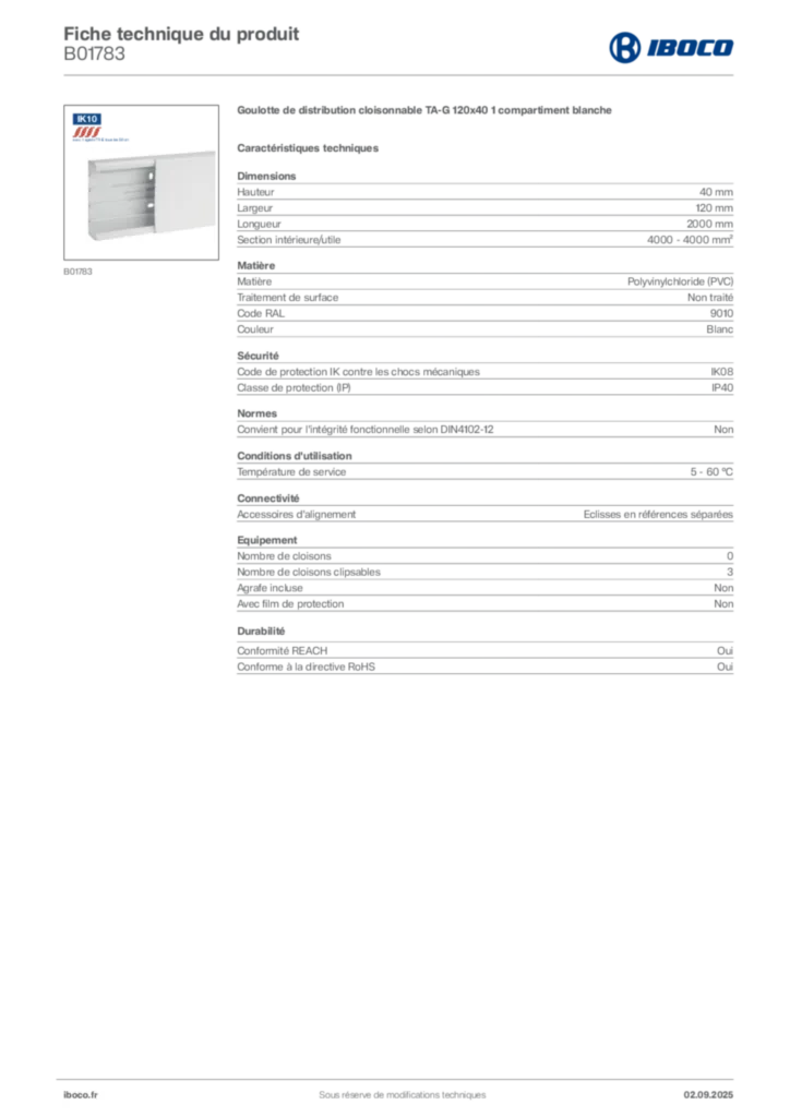 Image Iboco Fiche technique du produit B01783 | Hager France