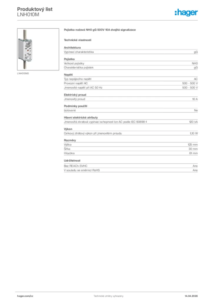 Obrázek Hager Product data sheet LNH010M | Hager