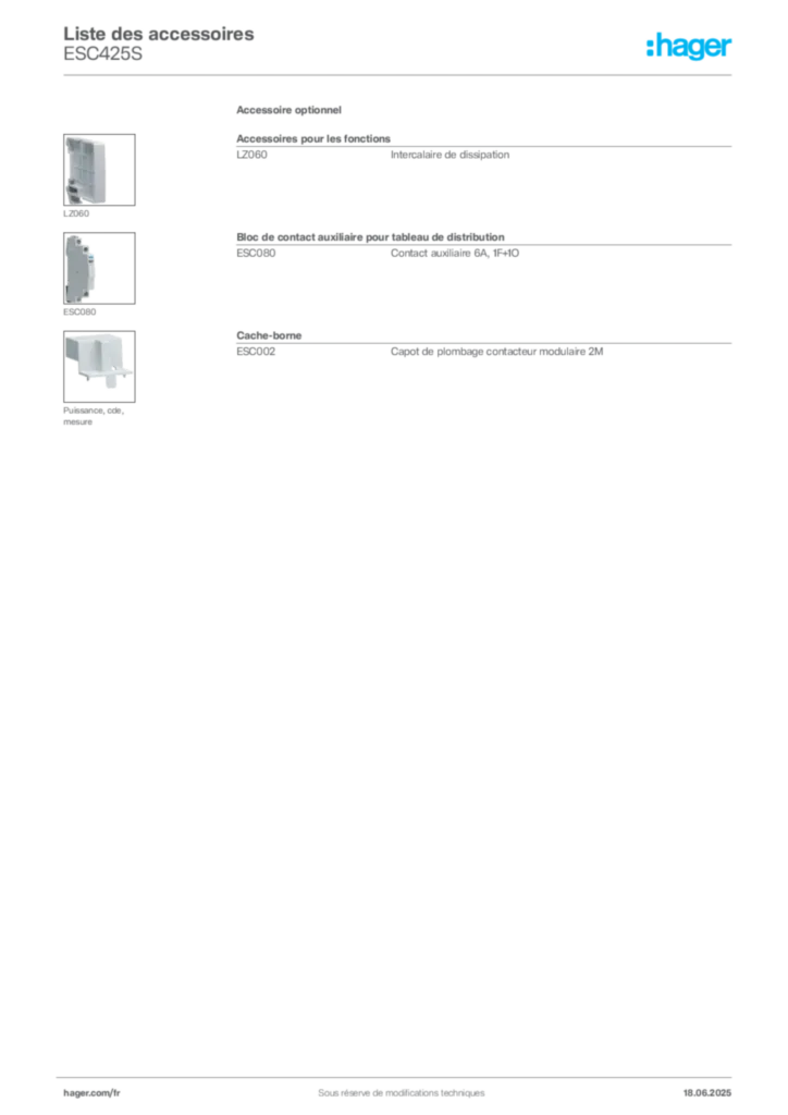 Image Hager Fiche technique du produit ESC425S | Hager France
