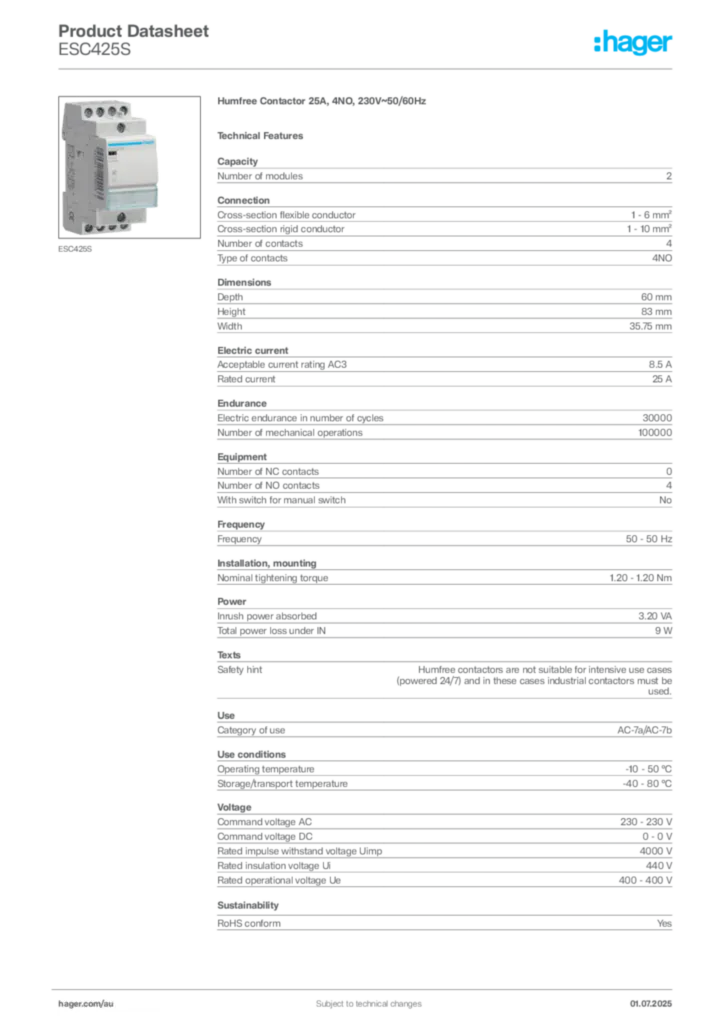 Image Hager Product data sheet ESC425S  | Hager Australia