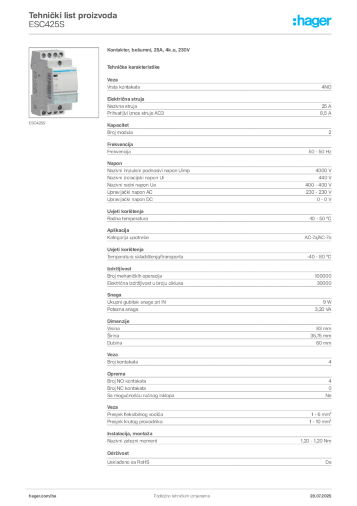 Slika Hager Product data sheet ESC425S  | Hager