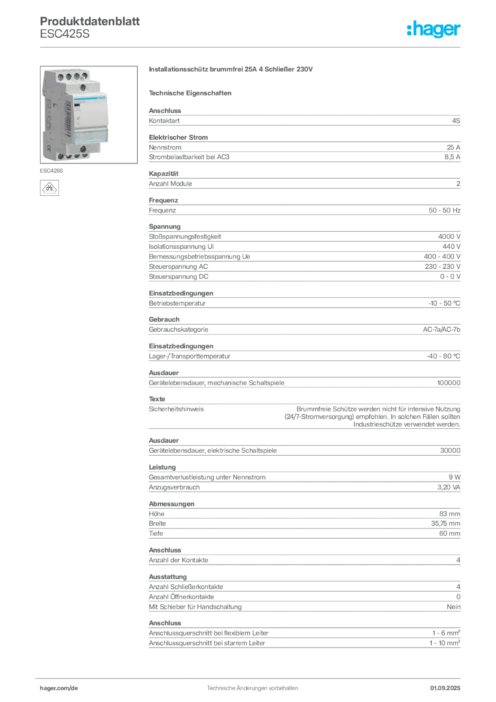 Hager Produktdatenblatt ESC425S