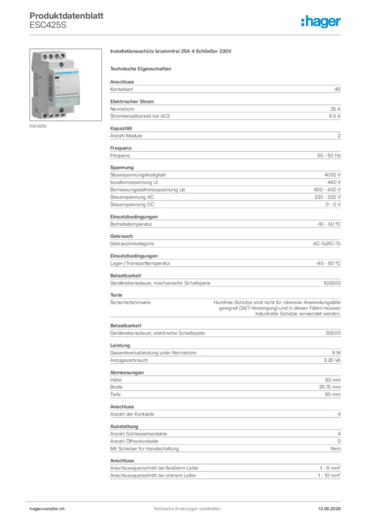 Bild Hager Produktdatenblatt ESC425S | Hager Schweiz
