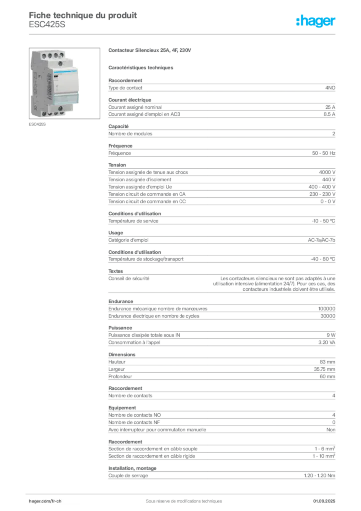 Image Hager Fiche technique du produit ESC425S | Hager Suisse