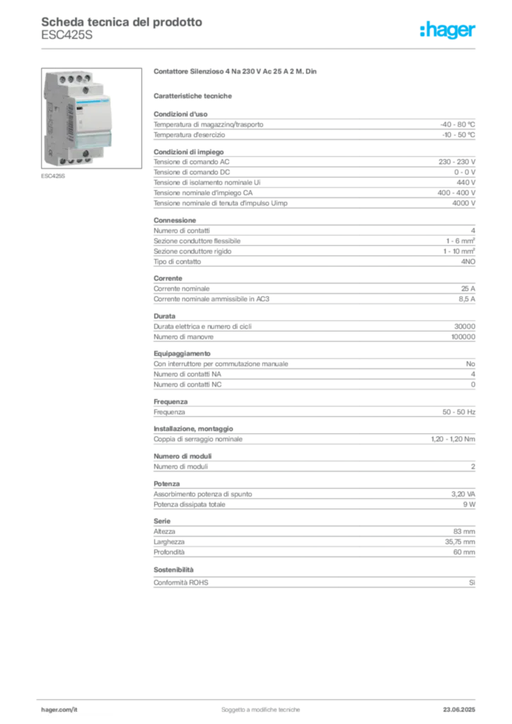 Immagine Hager Scheda tecnica del prodotto ESC425S | Hager Italia