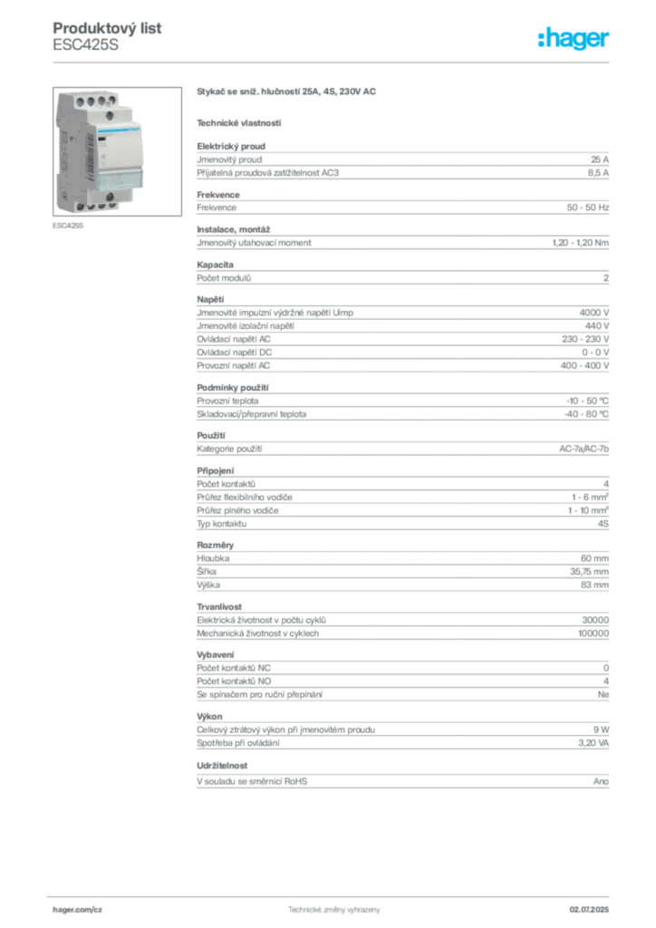 Obrázek Hager Produktový list ESC425S | Hager
