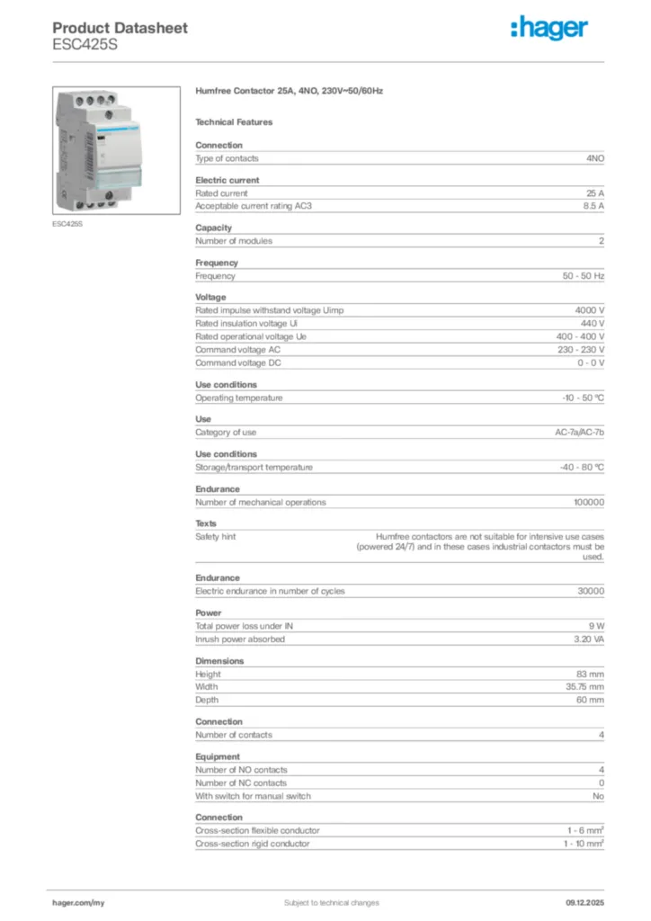 Image Hager Product data sheet ESC425S  | Hager