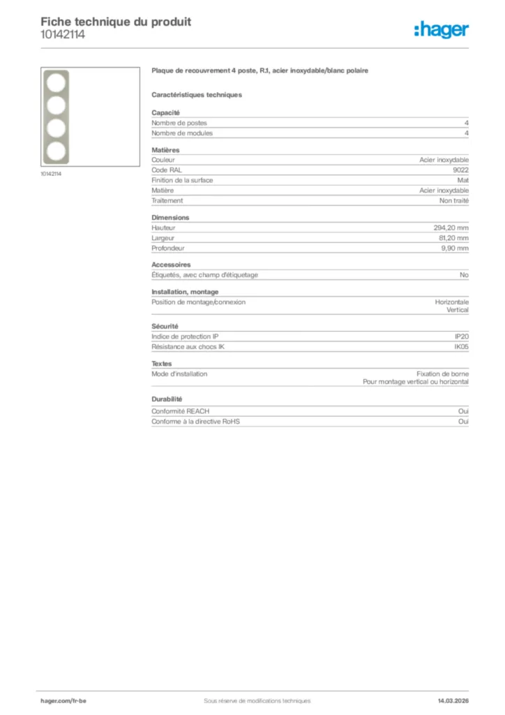 Image Hager Fiche technique du produit 10142114 | Hager Belgique