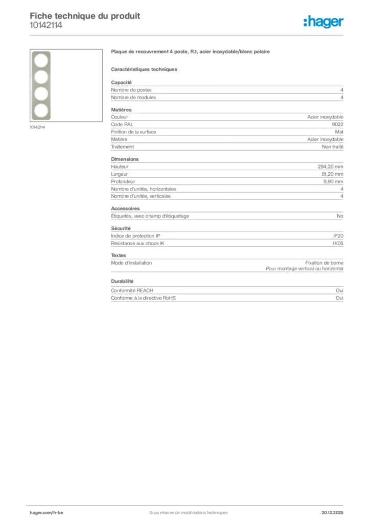 Image Hager Fiche technique du produit 10142114 | Hager Belgique
