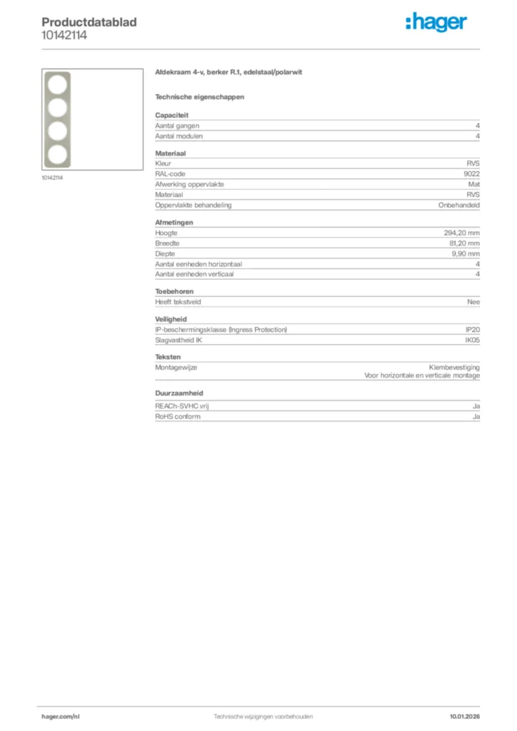 Afbeelding Hager Productdatablad 10142114 | Hager Nederland