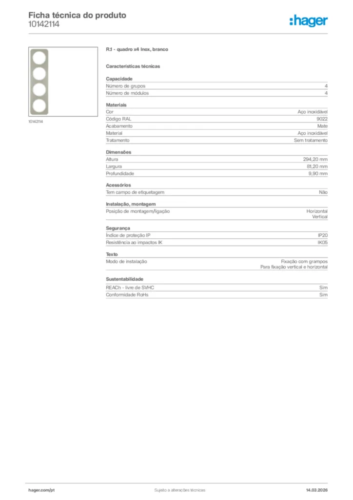 Imagem Hager Ficha técnica do produto 10142114 | Hager Portugal