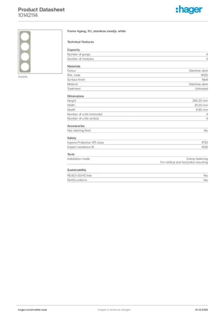 Image Hager Product data sheet 10142114  | Hager