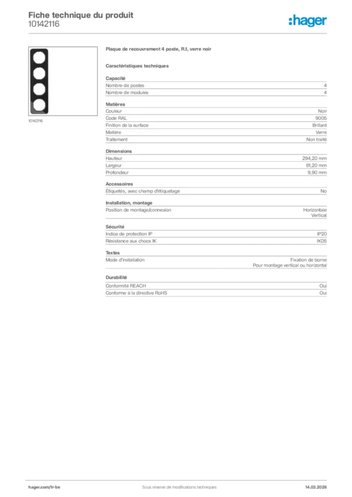 Image Hager Fiche technique du produit 10142116 | Hager Belgique