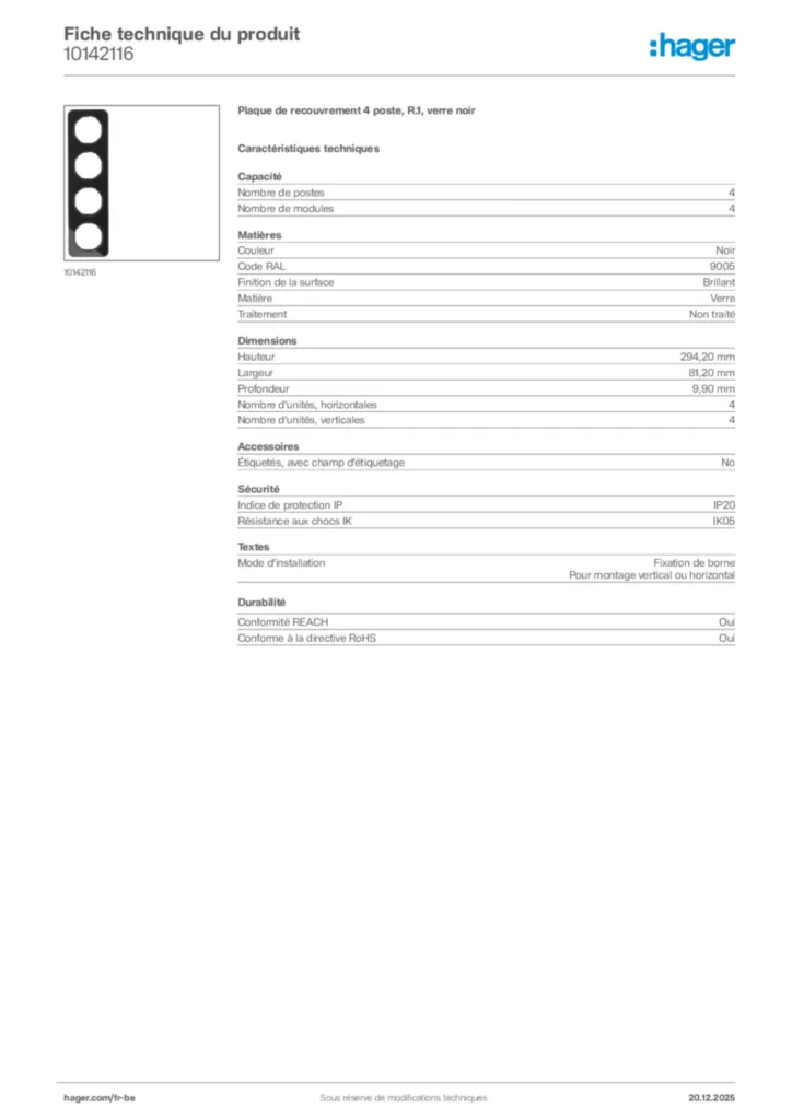 Image Hager Fiche technique du produit 10142116 | Hager Belgique