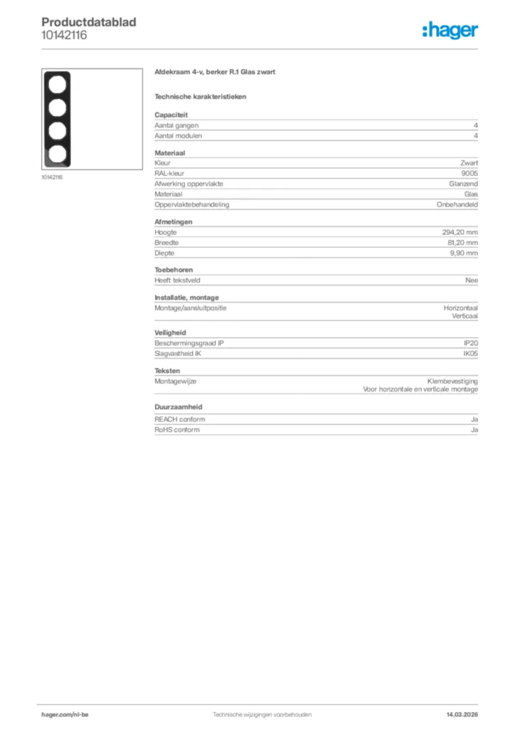 Afbeelding Hager Productdatablad 10142116 | Hager Belgium