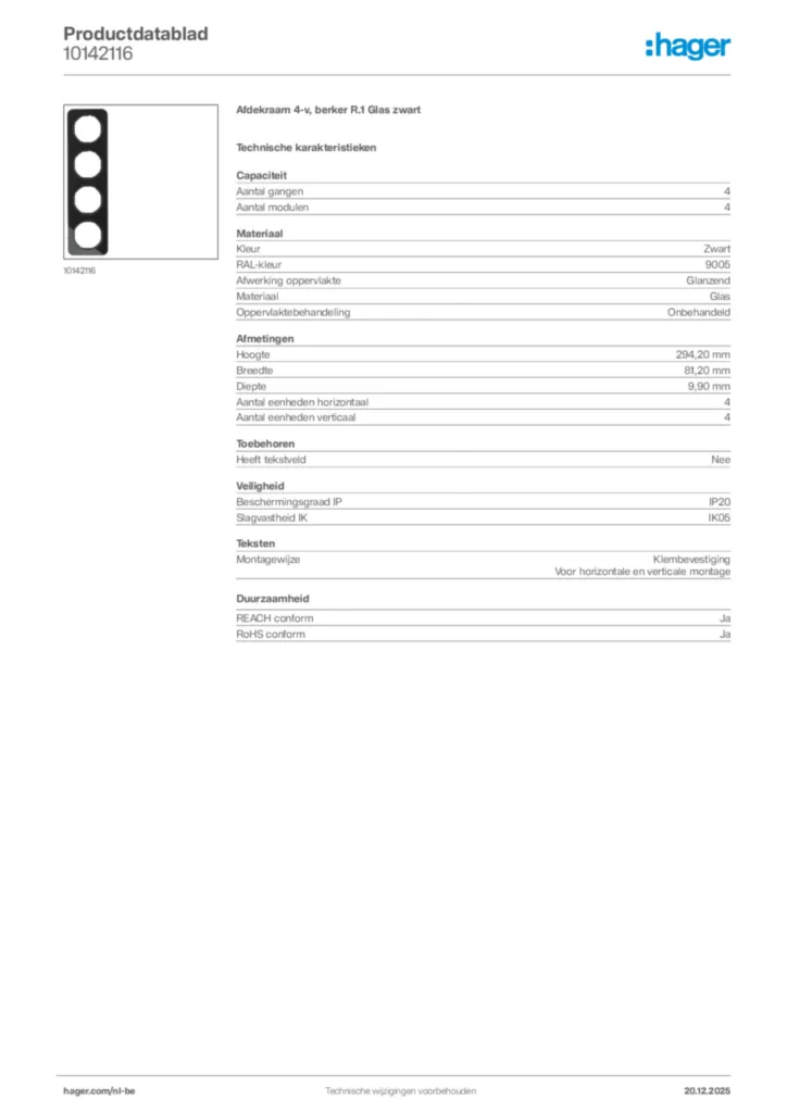 Afbeelding Hager Productdatablad 10142116 | Hager Belgium