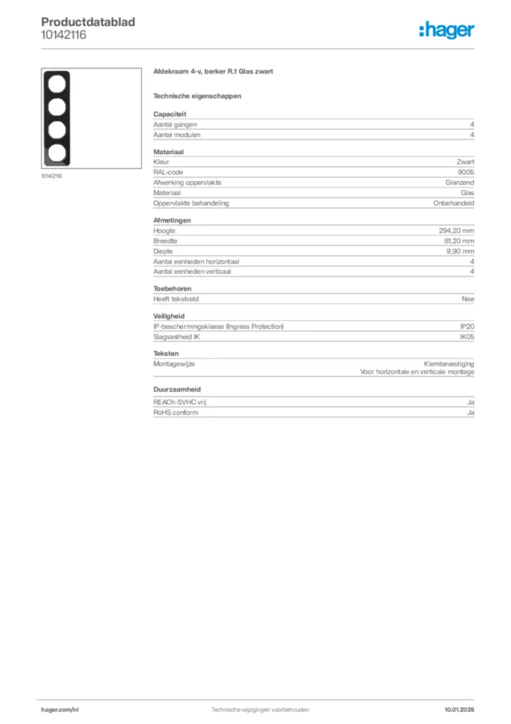 Afbeelding Hager Productdatablad 10142116 | Hager Nederland