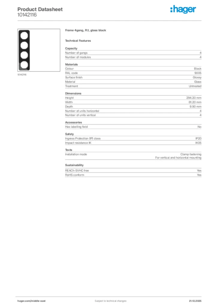 Image Hager Product data sheet 10142116  | Hager