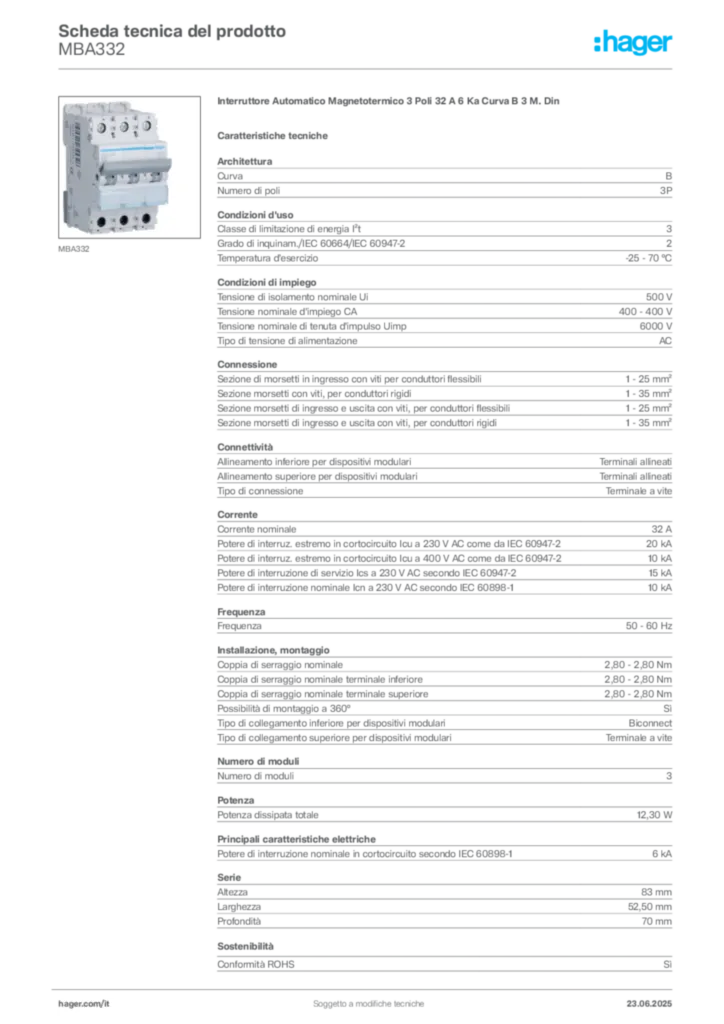 Immagine Hager Scheda tecnica del prodotto MBA332 | Hager Italia