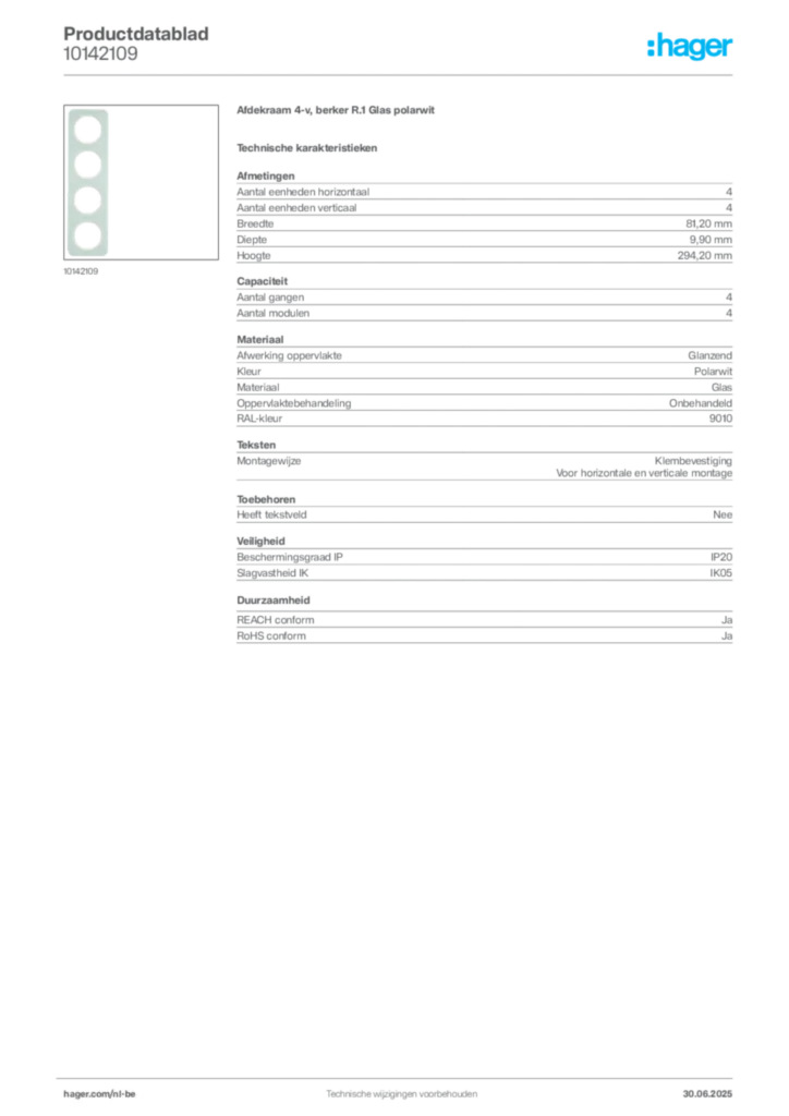 Afbeelding Hager Productdatablad 10142109 | Hager Belgium