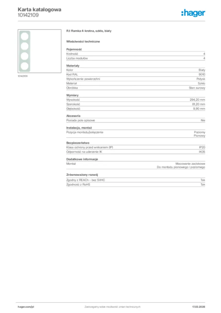 Zdjęcie Hager Karta katalogowa 10142109 | Hager Polska
