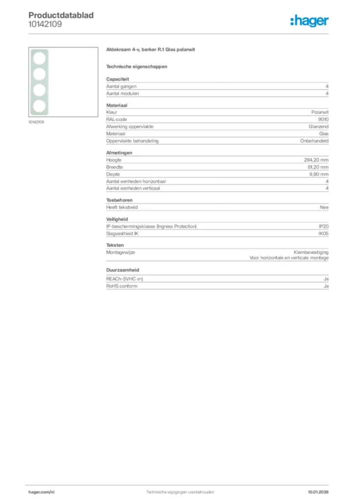 Afbeelding Hager Productdatablad 10142109 | Hager Nederland