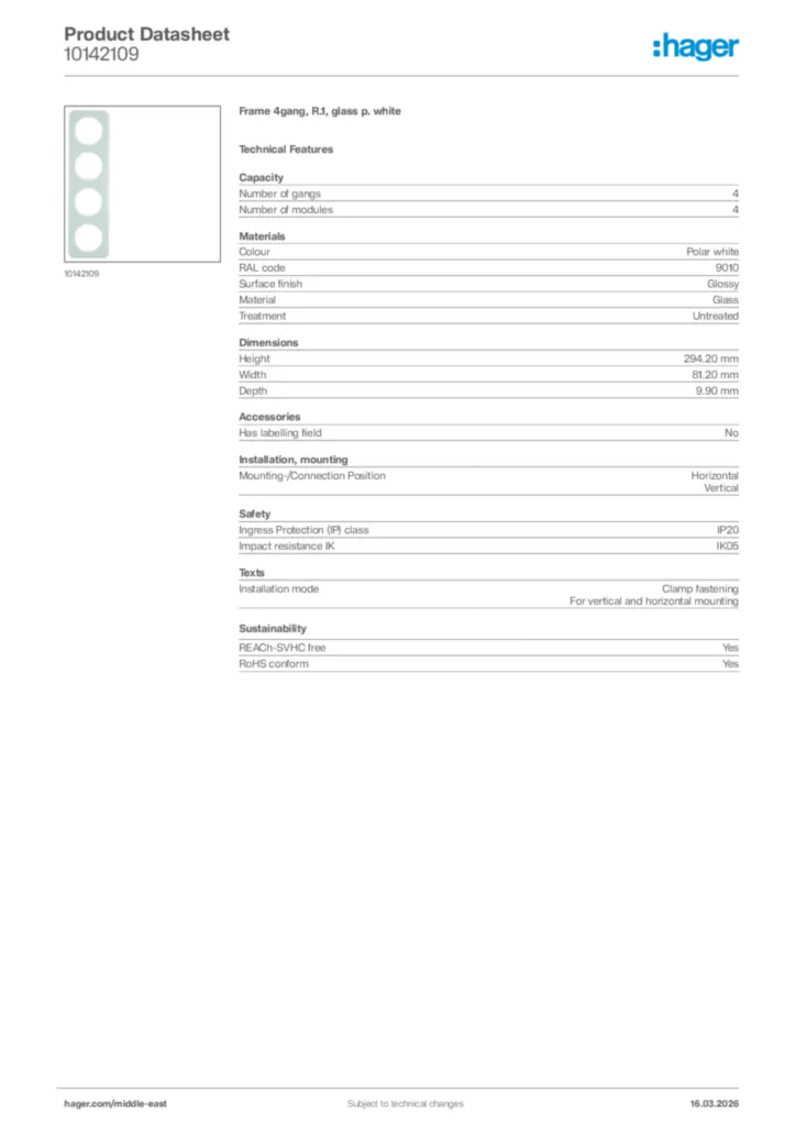 Image Hager Product data sheet 10142109  | Hager