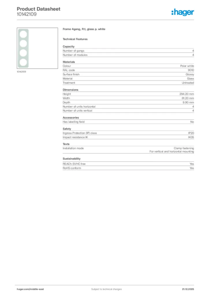 Image Hager Product data sheet 10142109  | Hager